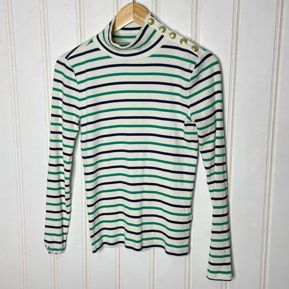 J Crew Women Vintage Rib Green Ivory Striped Turtleneck Gold Buttons XS 644 - Picture 2 of 8